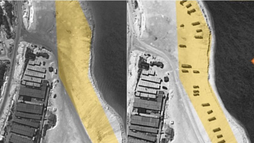 A satellite image of Woody Island, part of the disputed Paracel chain in the South China Sea, is pictured left, on February 3, 2015, and right, on February 14. ImageSat says image from February 14 shows the deployment of weapon launchers and support vehicles.