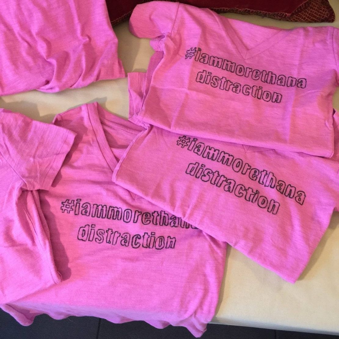 Shirts made by Niv Miyasatok in support of the #IAmMoreThanADistraction movement.