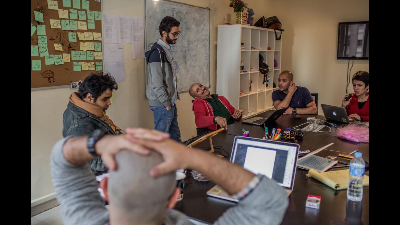 Cast members and writers work on the upcoming show at their office in the Cairo neighborhood of Dokki.