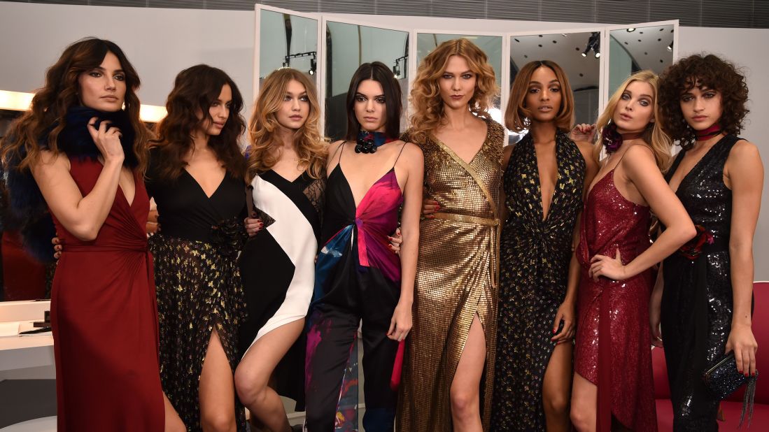 Lily Aldridge, Irina Shayk, Gigi Hadid, Kendall Jenner, Karlie Kloss, Jourdan Dunn, Elsa Hosk and Alanna Arrington (left to right) pose in Diane Von Furstenberg's fall 2016 show.