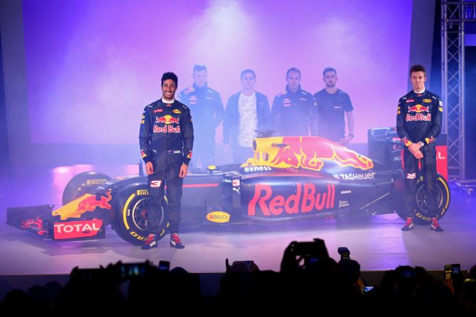 Drivers Daniel Ricciardo (left) and Daniil Kvyat (right) were kitted out in camouflage race suits for the launch but hope they won't have to hide on track during the 2016 season, which begins on March 20.
