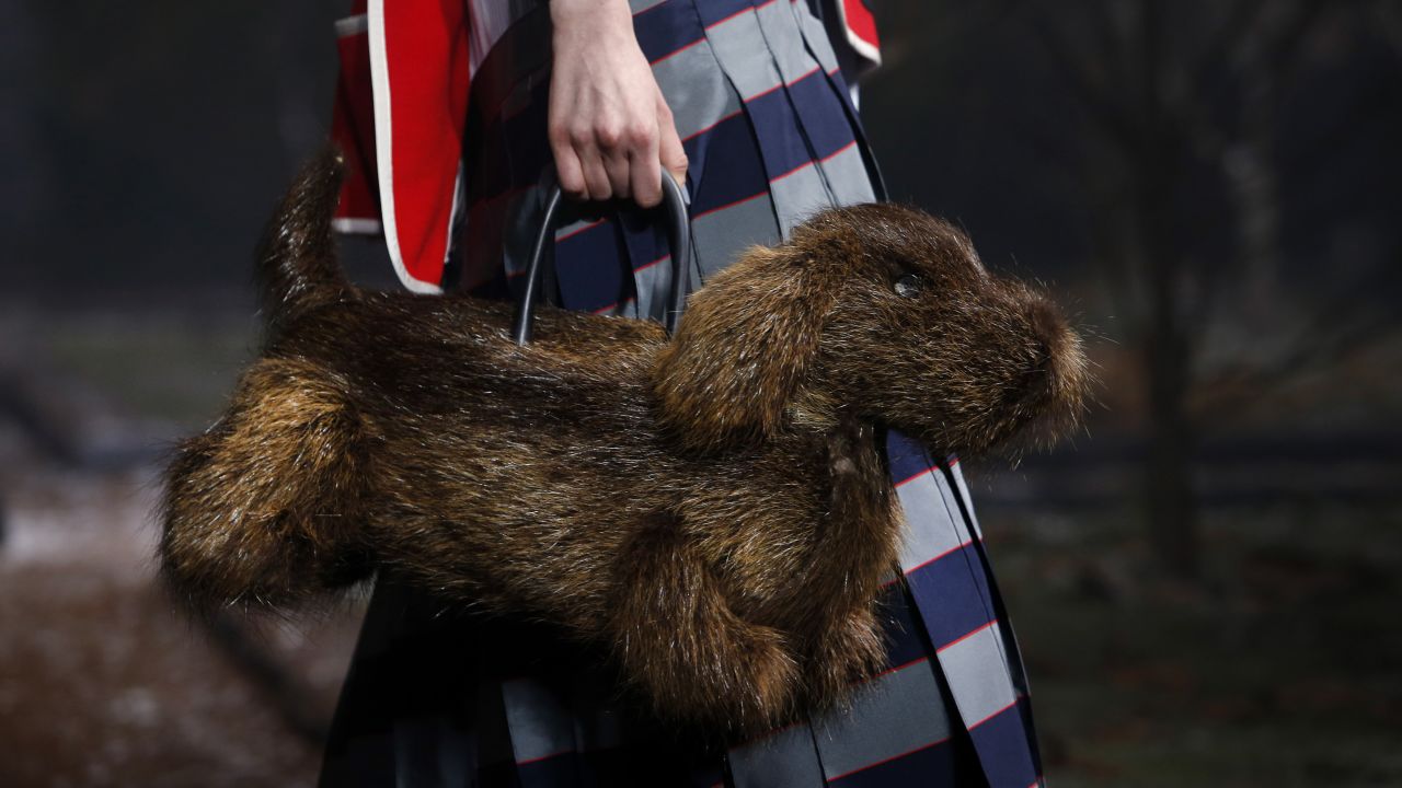 A Thom Browne purse resembles a dog Monday, February 15, during New York Fashion Week.
