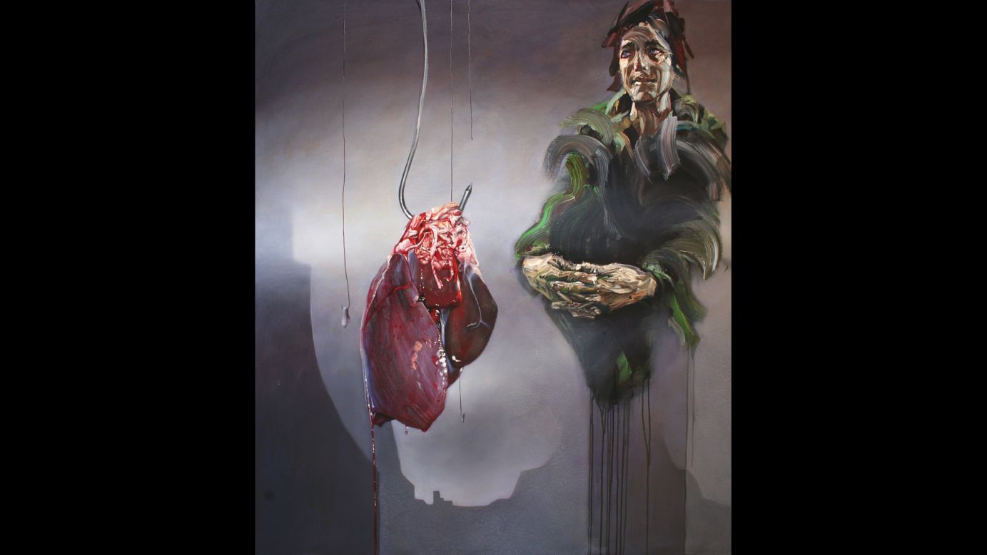 The suffering of Syrians is depicted in artist Sara Shamma's "World Civil War Portraits." This painting is titled "Butcher."