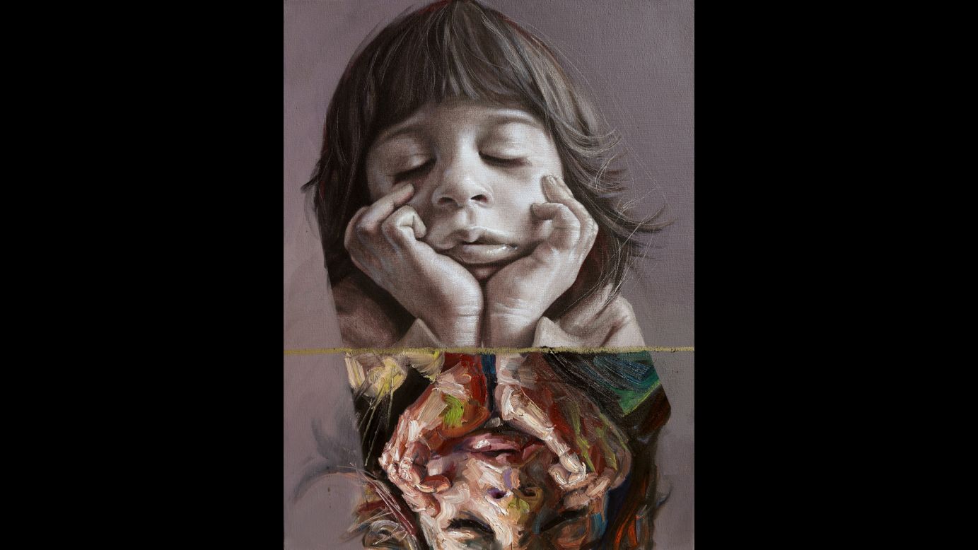 "Amal" is the name of this 2015 oil painting on canvas. Some 7.5 million Syrian children are in need of humanitarian aid, according to UNICEF.