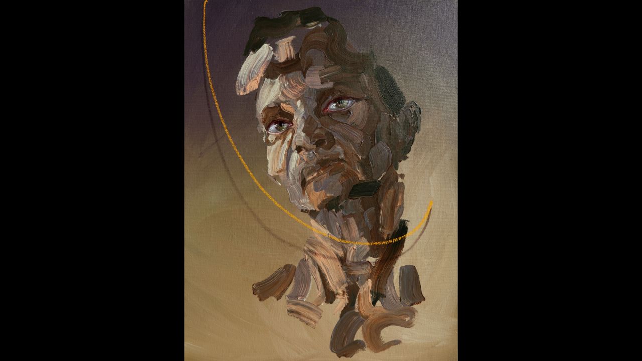 A female Syrian is painted in this oil and acrylic called "Woman in Smoke 3"