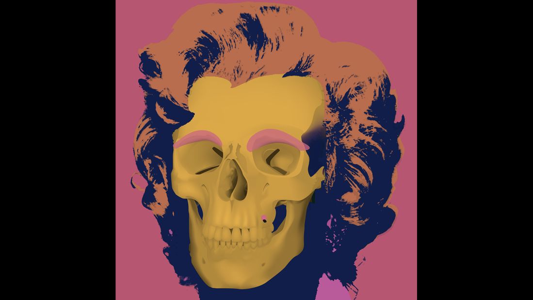 Recalling the famous high color prints of Monroe created by Warhol, artist Heidi Popovic created this skull interpretation in 2008. 
