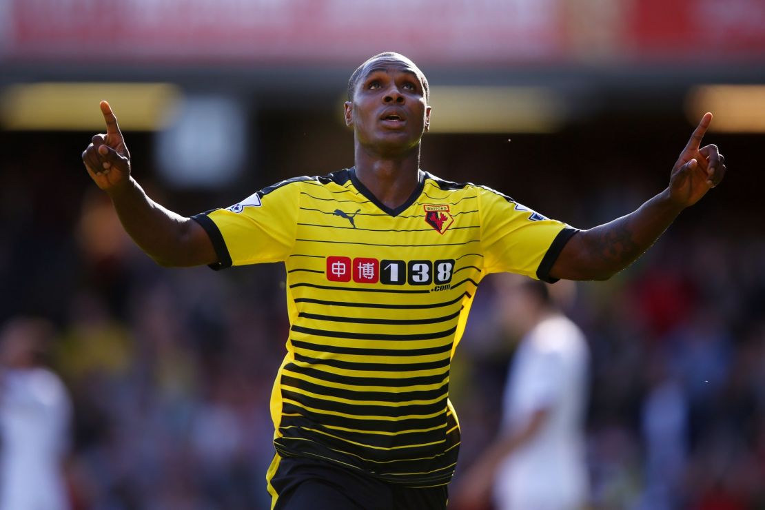 Ighalo celebrates with his classic pose after scoring against Swansea City on Semptember 12, 2015. It's thought to be a reference to his devoted faith - "Without God, I would be nothing," he said.