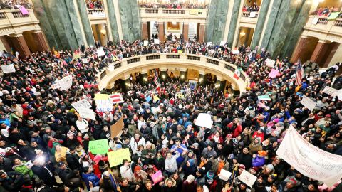 Thousands of Latinos, immigrants and their supporters congregate inside the Wisconsin State Capitol in Madison to protest legislative bills they believe to be anti-immigration on February 18, 2016.