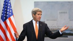 US Secretary of State John Kerry holds a press conference in Tirana on February 14, 2016.