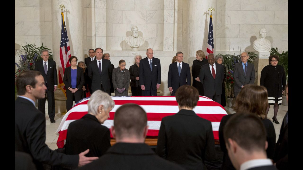 U.S. Supreme Court justices attend a private ceremony in the court's Great Hall on February 19. Facing the camera, from right, are justices Sonia Sotomayor, Stephen Breyer, Clarence Thomas, John Roberts, Anthony Kennedy, Ruth Bader Ginsburg, Samuel Alito and Elena Kagan.