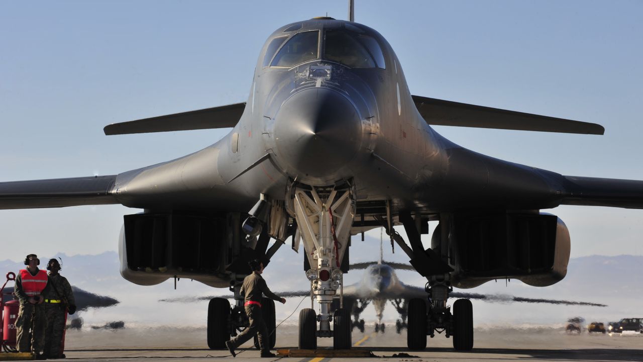 A  B-1 taxis down the runway at Ellsworth Air Force Base, South Dakota, after returning from the Mideast.