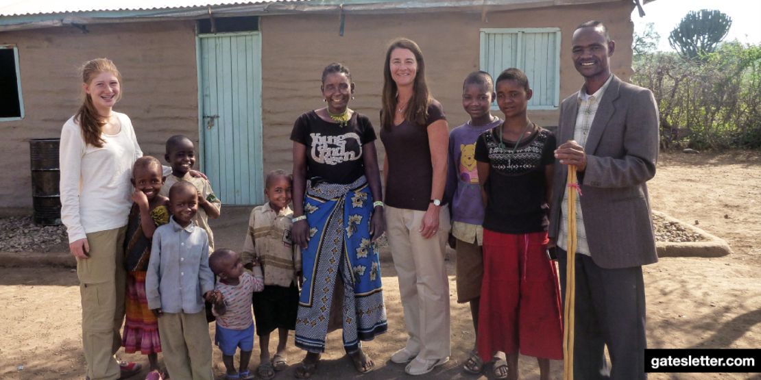 Melinda Gates and daughter Jennifer visiting with Anna and Sanare and their family in Tanzania, 2014.