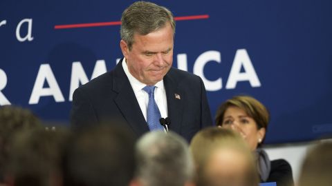 COLUMBIA, SC - FEBRUARY 20: Jeb Bush reacts as he announces the suspension of his presidential campaign at an election night party at the Hilton Columbia Center in Columbia, SC on February 20, 2016. Donald Trump won decisively in the South Carolina Republican Presidential Primary, the "first in the south." (Photo by Mark Makela/Getty Images)