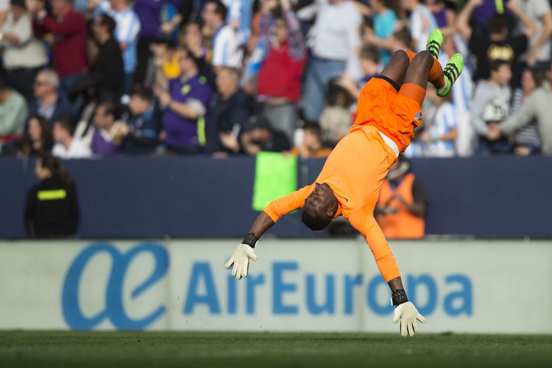 Goalkeeper Carlos Kameni saved Ronaldo's penalty and then celebrated the Malaga equalizer in the second half at La Rosaleda Stadium.