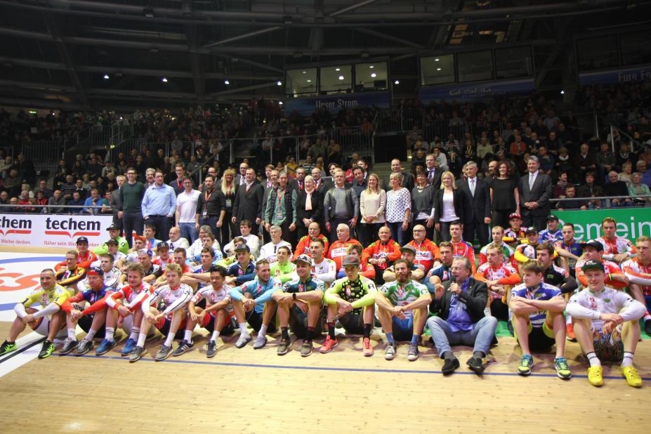 The riders and officials gather before the start of the 105th staging of the Berlin Six Day.