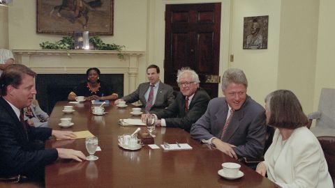 Sanders sits next to President Bill Clinton in 1993 before the Congressional Progressive Caucus held a meeting at the White House. Sanders co-founded the caucus in 1991 and served as its first chairman.
