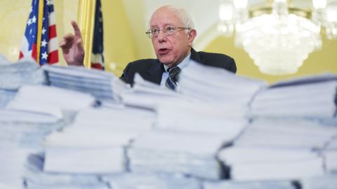 In March 2015, Sanders speaks in front of letters and petitions asking Congress to reject proposed cuts to Social Security and Medicare.