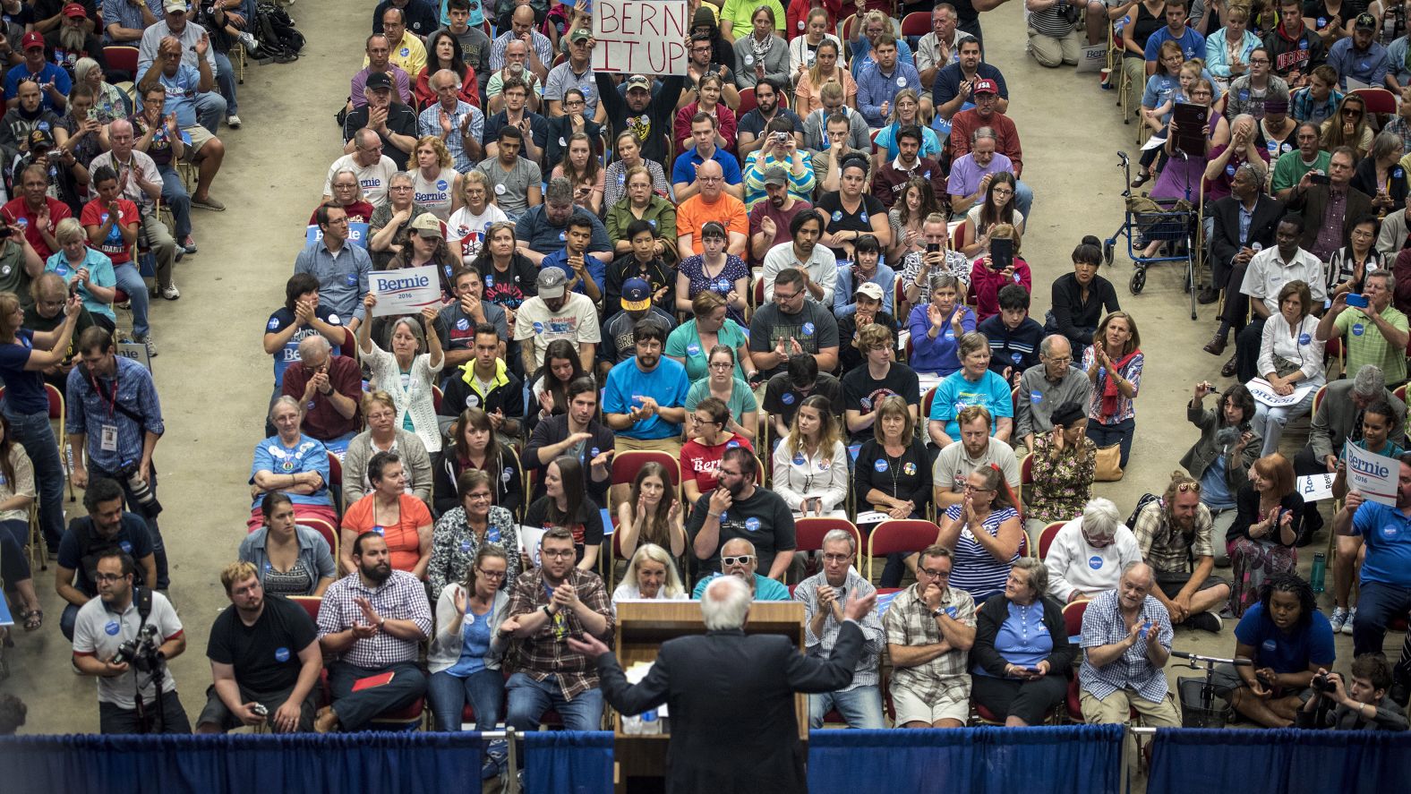 In July 2015, two months after announcing he would be seeking the Democratic Party's nomination for President, Sanders <a  target="_blank">spoke to nearly 10,000 supporters</a> in Madison, Wisconsin. "Tonight we have made a little bit of history," he said. "You may know that some 25 candidates are running for President of the United States, but tonight we have more people at a meeting for a candidate for President of the United States than any other candidate has."