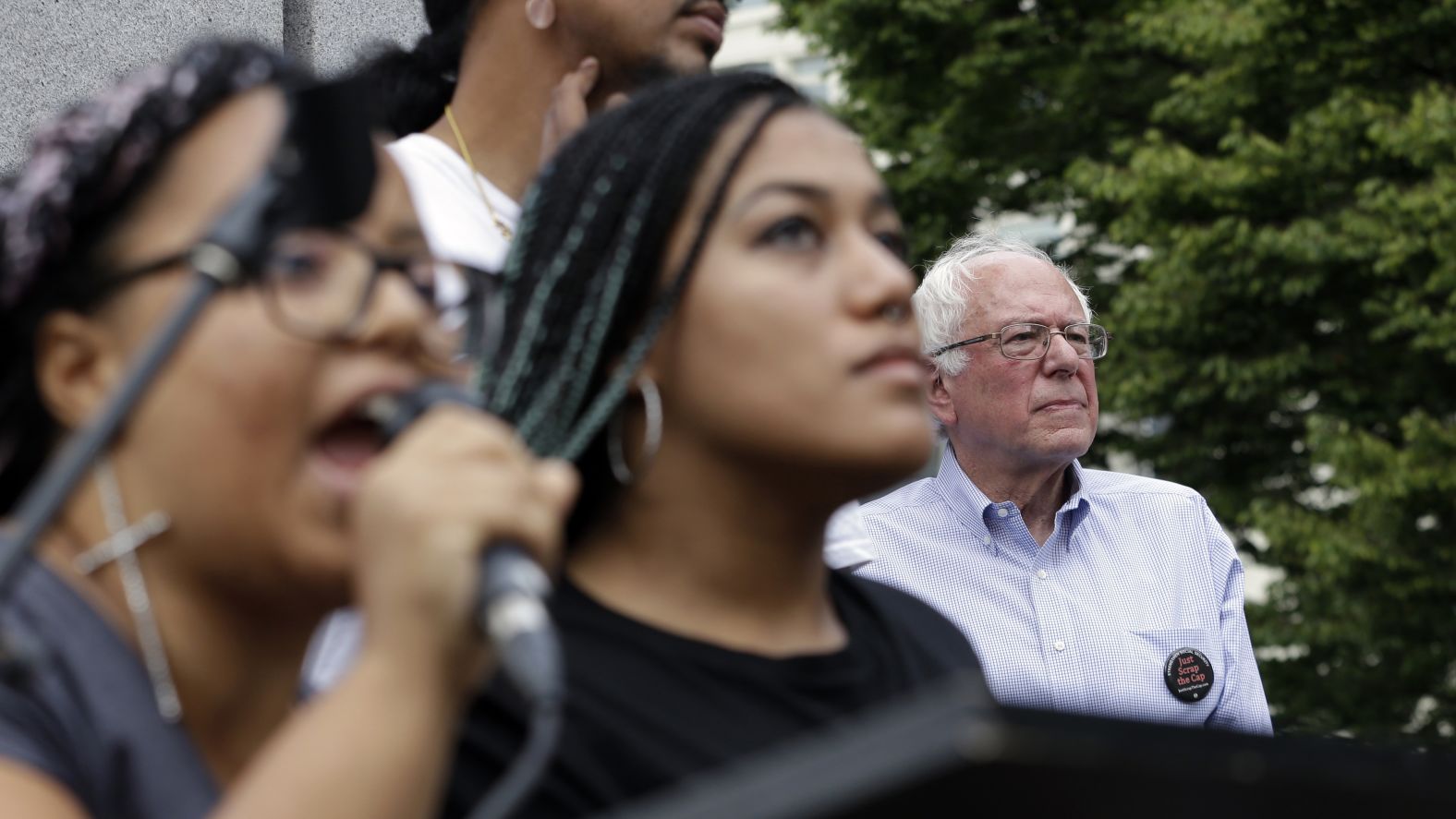 Seconds after Sanders took the stage for a campaign rally in August 2015, a dozen protesters from Seattle's Black Lives Matter chapter <a  target="_blank">jumped barricades and grabbed the microphone</a> from the senator. Holding a banner that said "Smash Racism," two of the protesters -- Marissa Johnson, left, and Mara Jacqueline Willaford -- began to address the crowd.