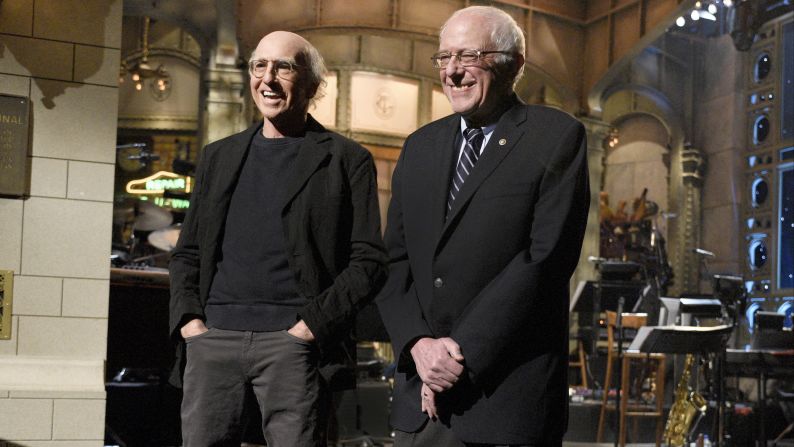 Comedian Larry David and Sanders <a href="index.php?page=&url=http%3A%2F%2Fmoney.cnn.com%2F2016%2F02%2F07%2Fmedia%2Fbernie-sanders-larry-david-saturday-night-lvie%2F" target="_blank">appear together on "Saturday Night Live"</a> in February 2016. David had played Sanders in a series of sketches throughout the campaign season.