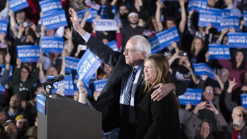 Sanders and his wife, Jane, wave to the crowd during a primary night rally in Concord, New Hampshire, in February 2016. Sanders defeated Clinton in the New Hampshire primary with 60% of the vote, becoming <a href="index.php?page=&url=http%3A%2F%2Fwww.cnn.com%2F2016%2F02%2F04%2Fpolitics%2Fbernie-sanders-jewish-new-hampshire-primary%2Findex.html" target="_blank">the first Jewish candidate to win a presidential primary.</a>