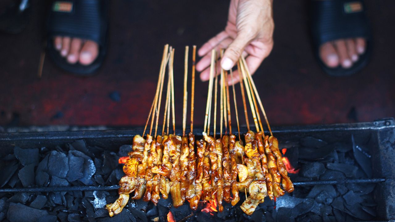 Barbecued meat on sticks -- essential summer eating.