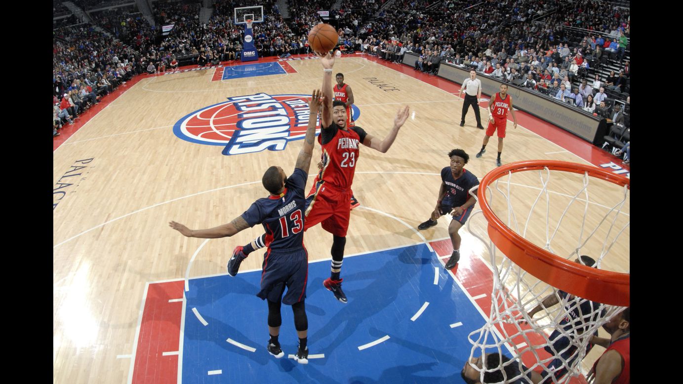 Anthony Davis shoots over Marcus Morris during an NBA game in Detroit on Sunday, February 21. Davis had 59 points and 20 rebounds for the New Orleans Pelicans, who won 111-106.