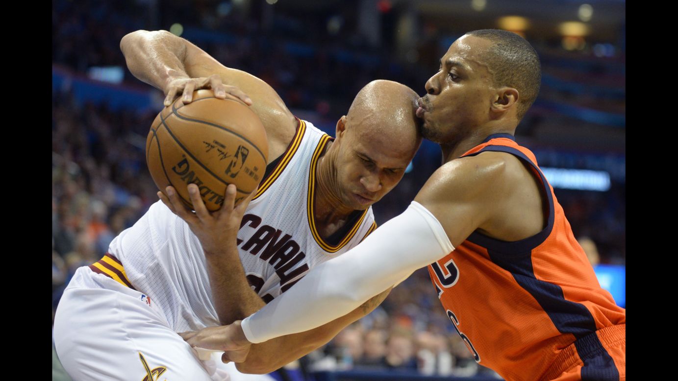 Cleveland's Richard Jefferson, left, is fouled by Randy Foye during an NBA game in Oklahoma City on Sunday, February 21.