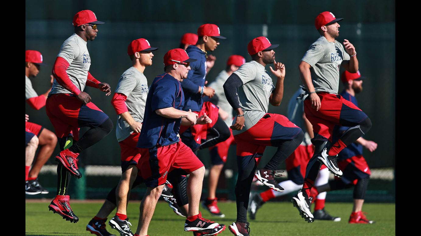 Players from the Boston Red Sox work out in Fort Myers, Florida, on Thursday, February 18. Spring training is officially underway for all major-league teams.