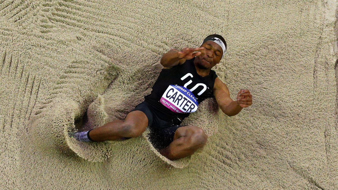 Chris Carter competes in the triple jump at the Glasgow Indoor Grand Prix on Saturday, February 20. He finished second behind fellow American Omar Craddock.