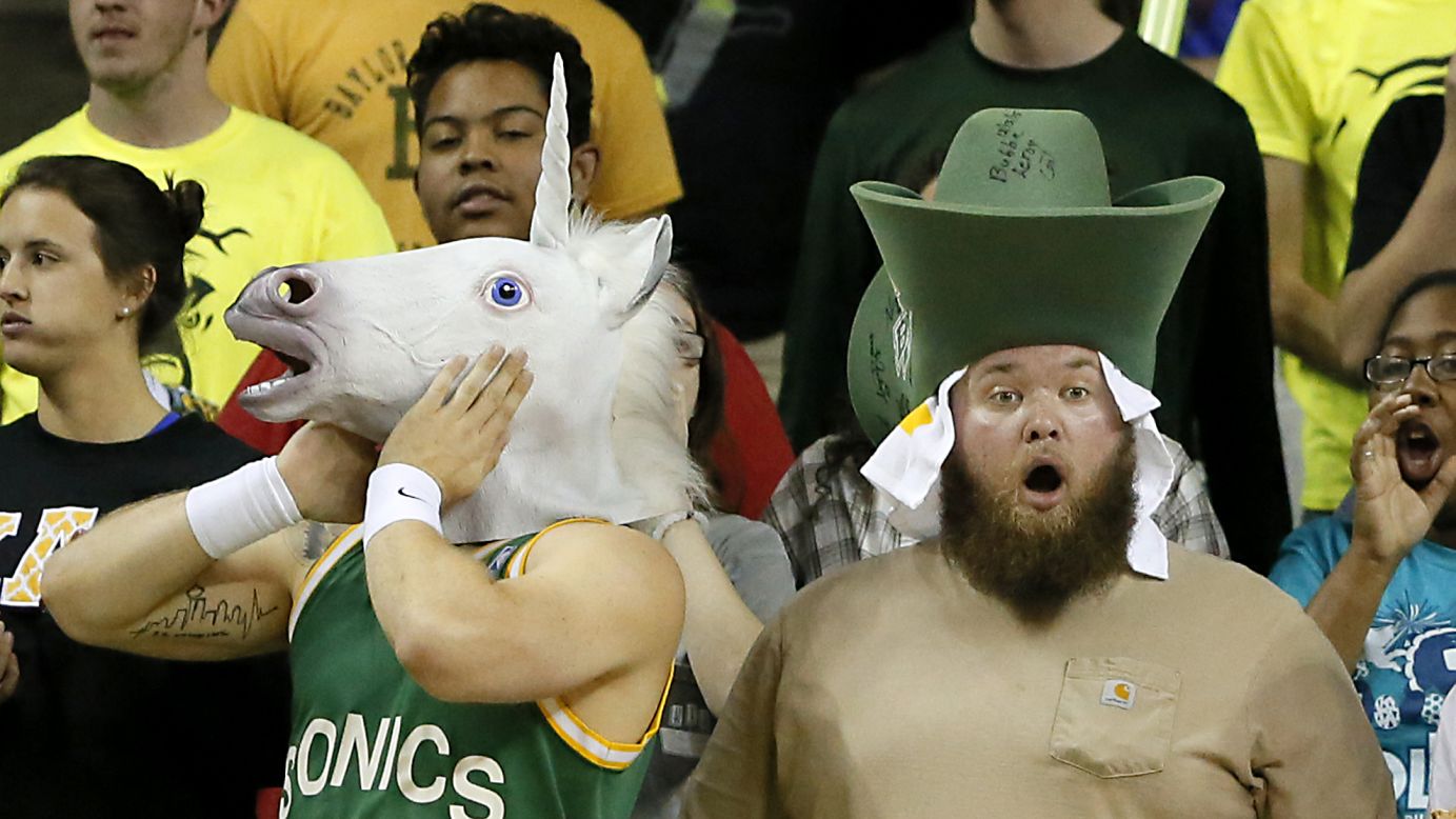 Baylor fans react to a foul called against their team during a college basketball game in Waco, Texas, on Tuesday, February 16.