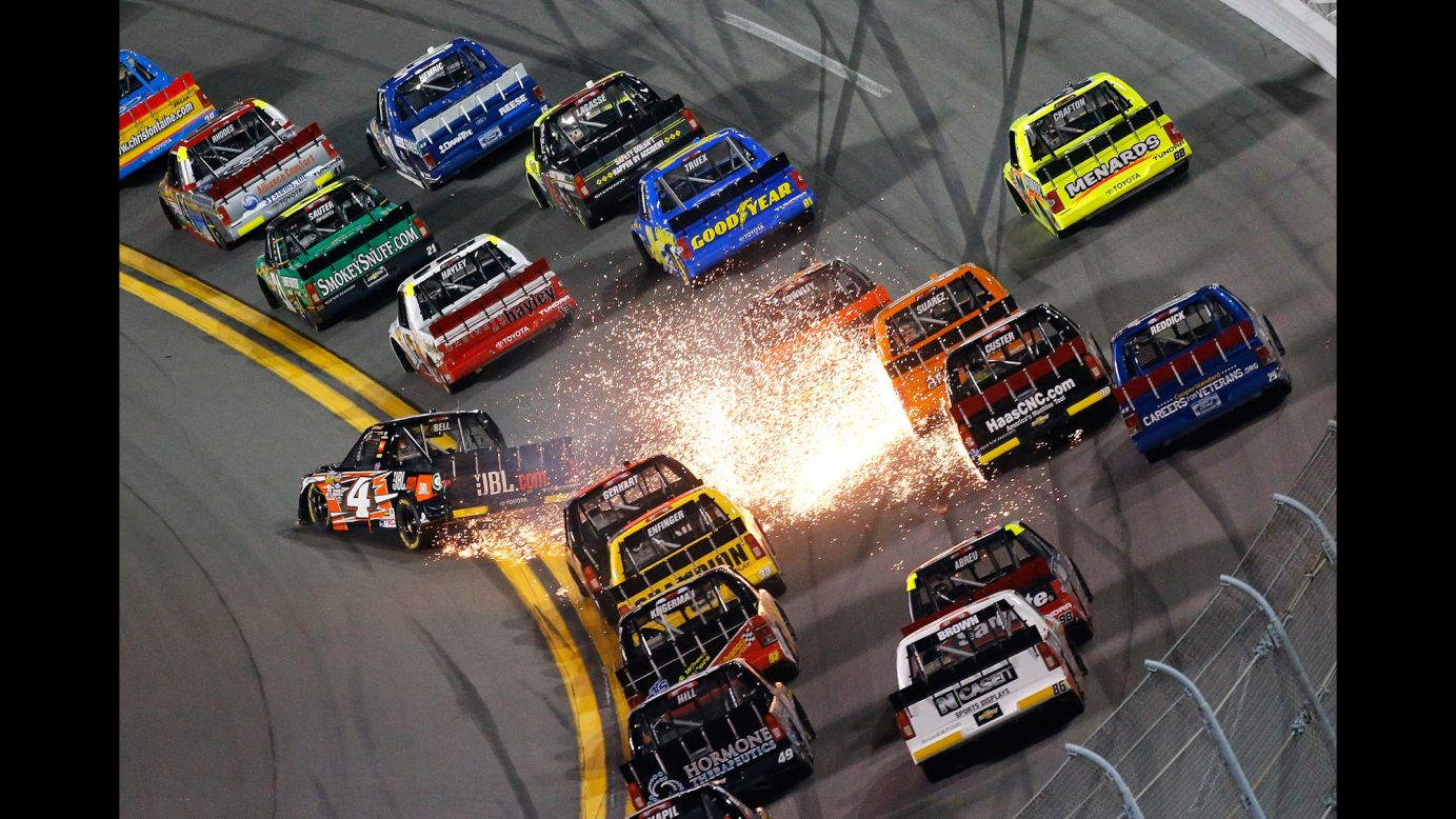 Sparks fly from the truck of Christopher Bell (No. 4) during a NASCAR race in Daytona Beach, Florida, on Friday, February 19. 