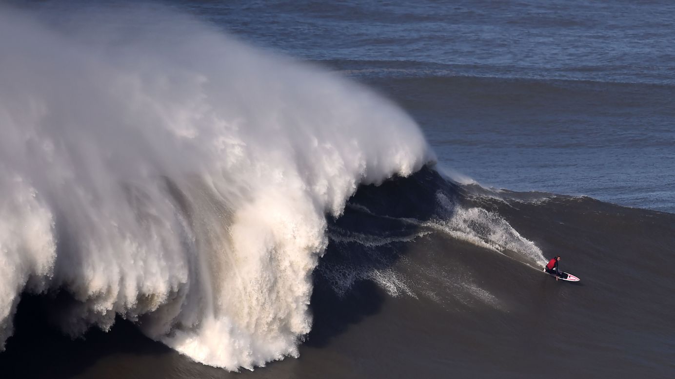 Pro surfer Jarryd Foster competes in a big-wave event held in Praia do Norte, Portugal, on Friday, February 19.