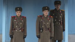 North Korean soldiers guard the truce village of Panmunjom at the Demilitarized Zone (DMZ) which separates the two Koreas on Monday, Feb. 22, 2016, in Panmunjom, North Korea. Though the world's most fortified border can often seem like a tourist trap, drawing throngs of camera-happy visitors on both sides every year, to the military-trained eye the Cold War style standoff along the DMZ is an incident waiting to happen. And with tensions between Seoul, Pyongyang and Washington, this is one of those times when that's more true than ever. (AP Photo/Wong Maye-E)