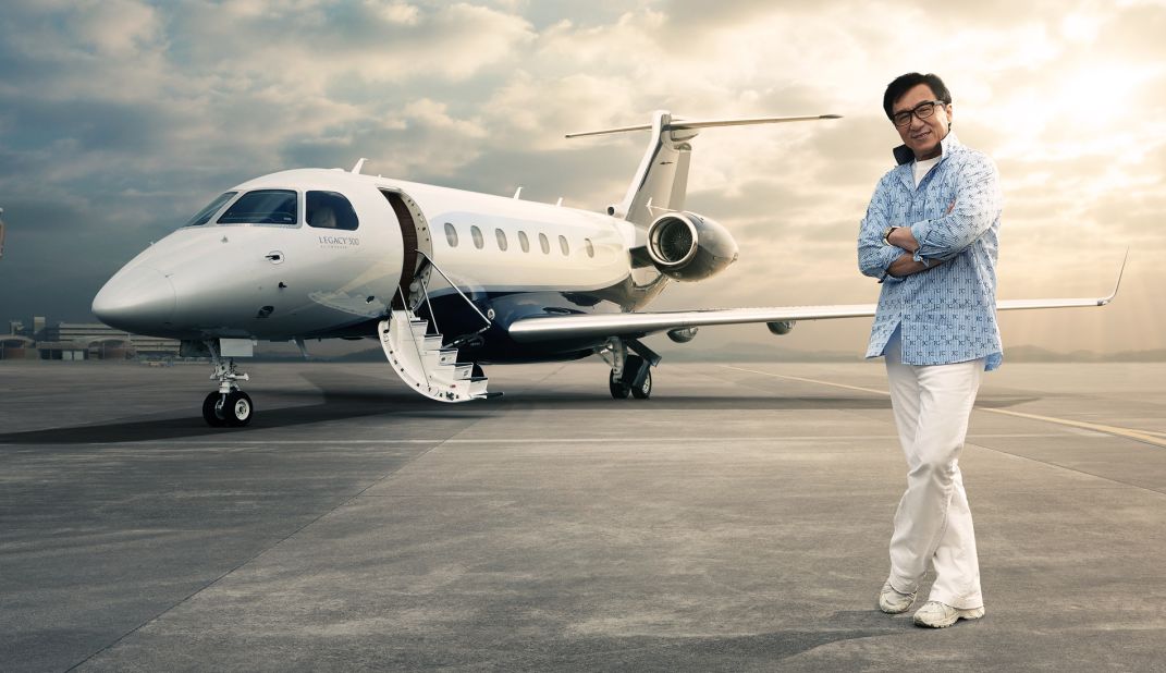 He wasn't at the Singapore Airshow, but in February Jackie Chan did take delivery of an Embraer Legacy 500, which was on display. With a max range of 5,788 kilometers and top speed of Mach 0.83, the midsize Legacy 500 seats eight to 12 passengers.