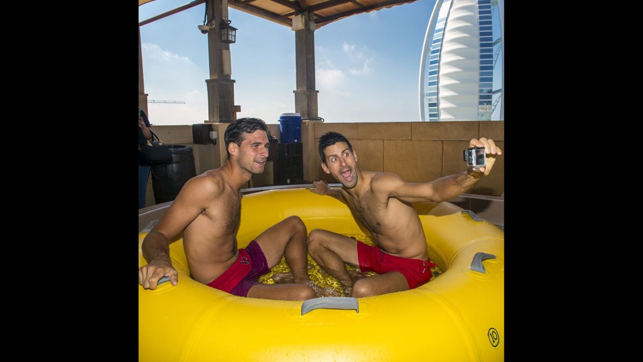Novak Djokovic, the world's No. 1 tennis player, takes a selfie with his brother Marko at a water park in Dubai, United Arab Emirates, on Friday, February 19.
