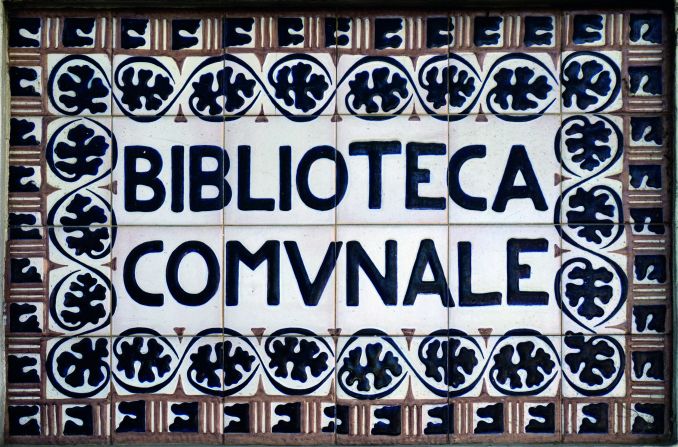  A decorative ceramic sign on the Civic Library in Faenza (Ravenna).