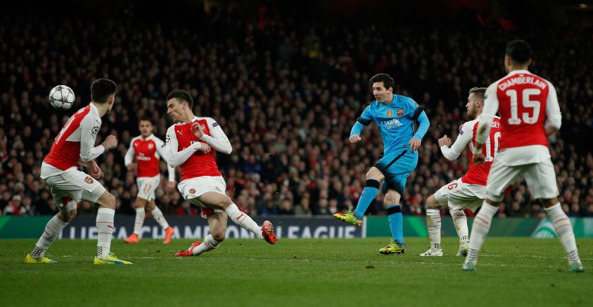 Barcelona, the defending champion, went up against Arsenal in the first leg of its last 16 Champions League tie in London. Lionel Messi lined up alongside Luis Suarez and Neymar as the visitors went with its attacking trio known as 'MSN'.