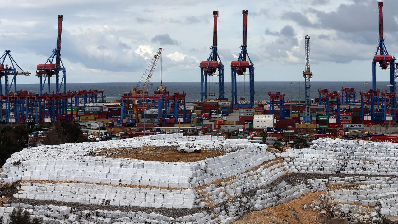 A constructed pile of packed waste sits a Beirut harbor on Monday, February 22.