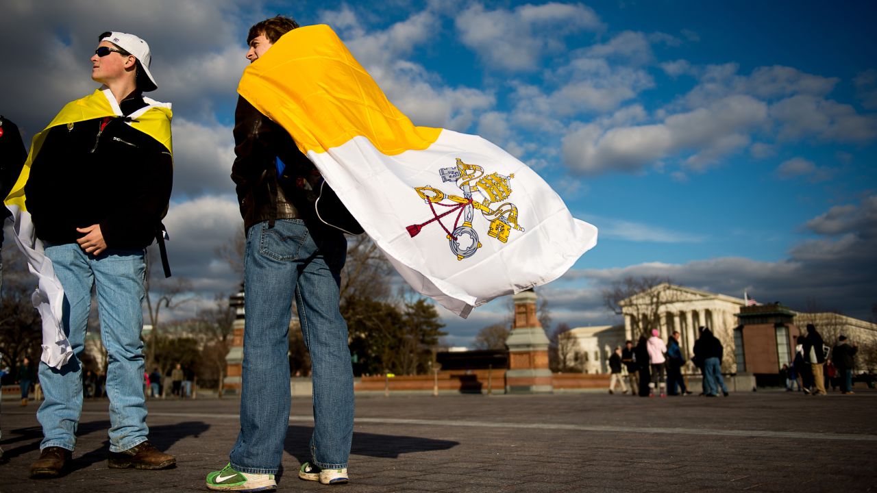On the 42nd anniversary of Roe v. Wade -- January 22, 2015 -- Evan Keimig of Houston, left, and Brandan Solcher of Sugarland, Texas, wear Vatican flags in front of the U.S. Capitol following a "March for Life" protest.