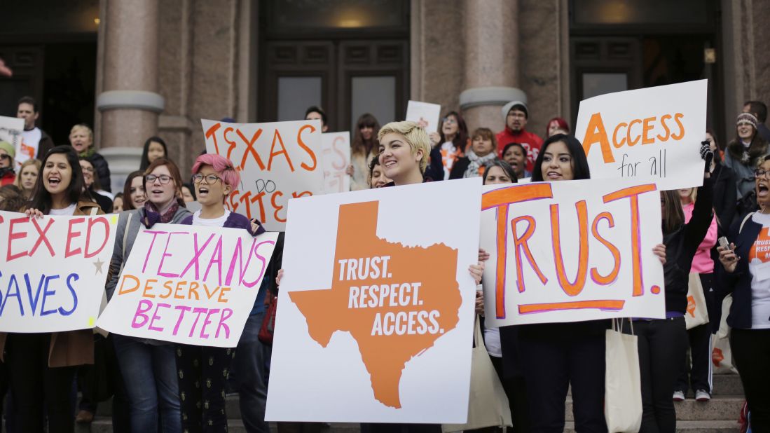 The following month, college students and abortion-rights activists rallied on the steps of the Texas Capitol as the legislature met on February 26, 2015.