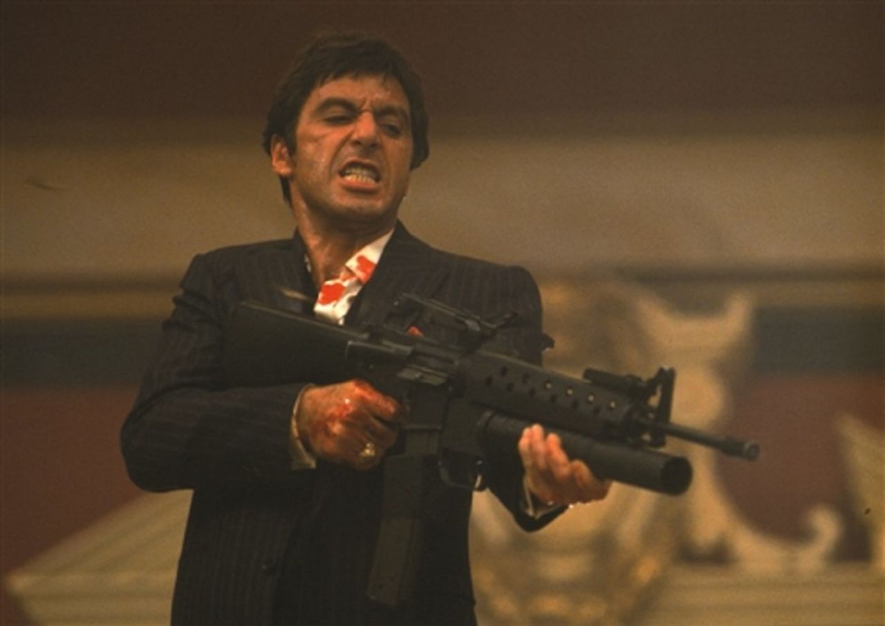 <strong>"Scarface"</strong> In 1983, Al Pacino's "Scarface" remade a 1930s gangster flick and turned it into a colorful bloodfest chronicling the rise and fall of Tony Montana -- a "political refugee from Cuba" who becomes a Miami drug lord. A lot of lines from the script -- written by Oliver Stone -- have become part of pop culture. Many who've never even seen "Scarface" know the famous line Montana screams as he opens fire: "Say hello to my little friend!" <strong>Where to watch: </strong>Netflix; Amazon Prime Video (rent/buy); Google Play (rent/buy) 