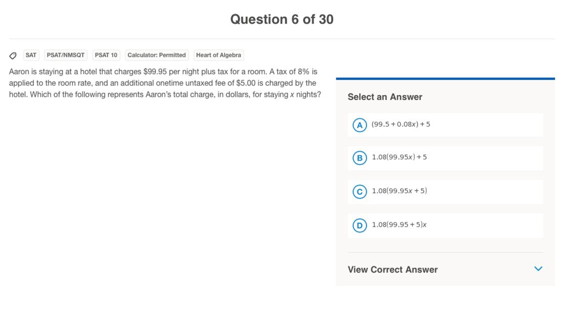 Students will see math questions like this one on the new SAT. The correct answer is B.