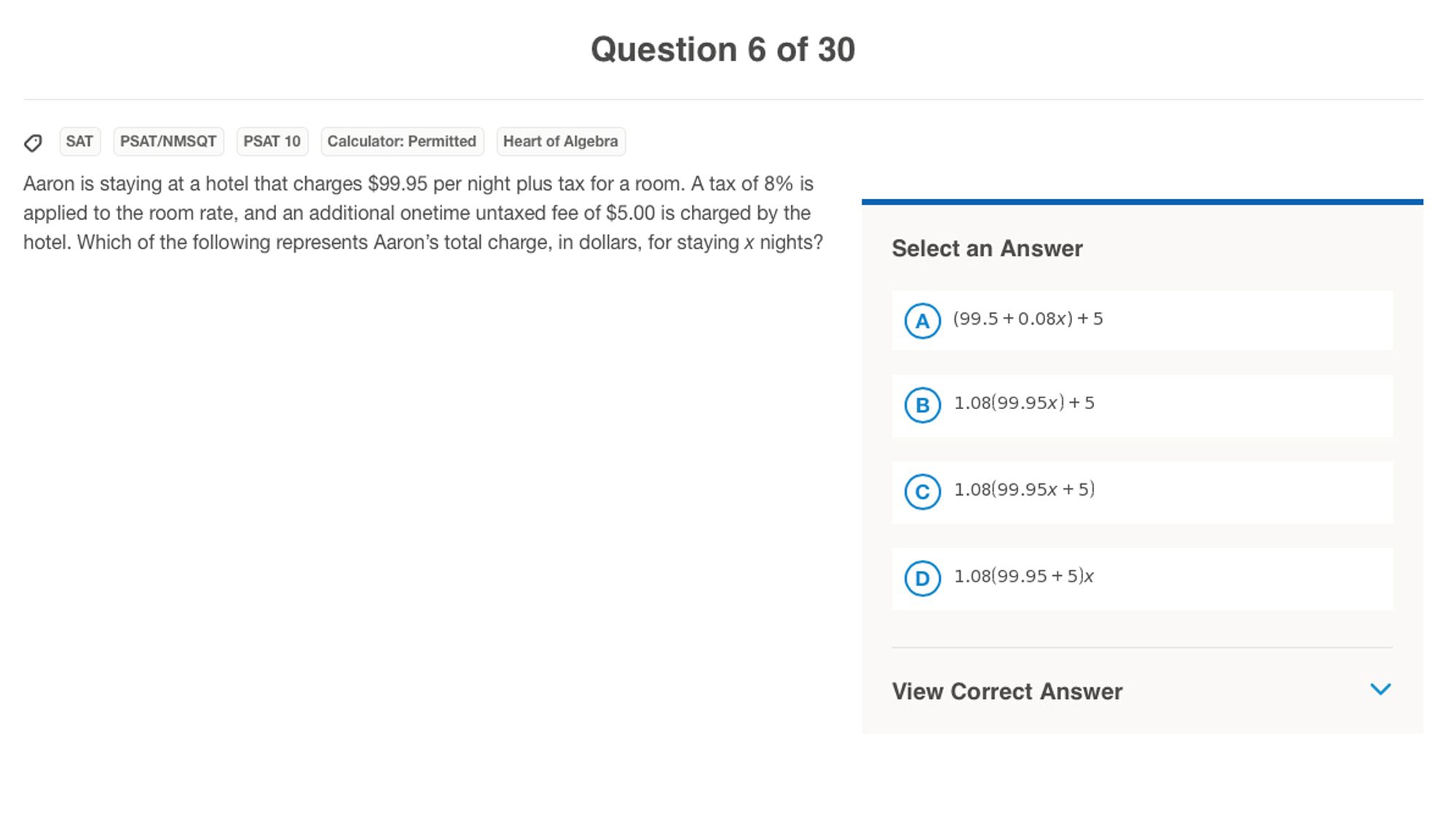 Students will see math questions like this one on the new SAT. The correct answer is B. 