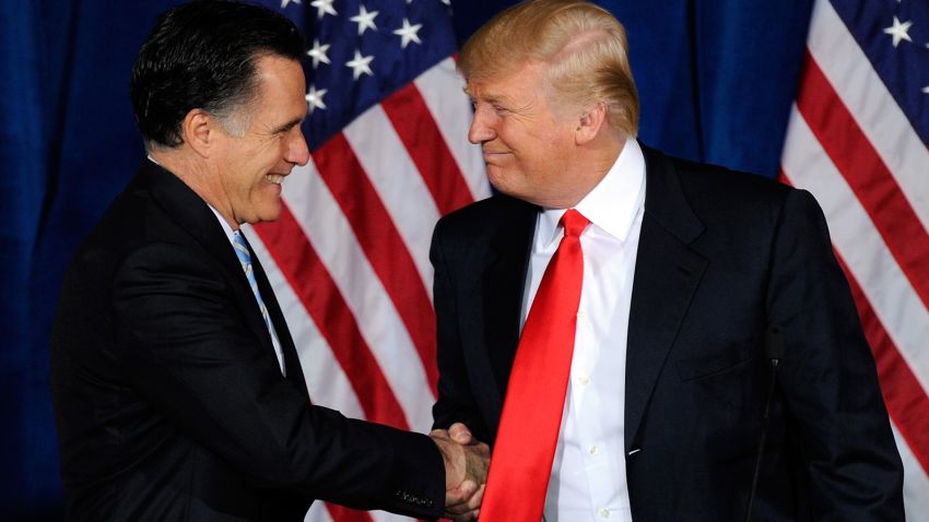 Republican presidential candidate, former Massachusetts Gov. Mitt Romney (L) and Donald Trump shake hands during a news conference held by Trump to endorse Romney for president at the Trump International Hotel & Tower Las Vegas February 2, 2012 in Las Vegas, Nevada.