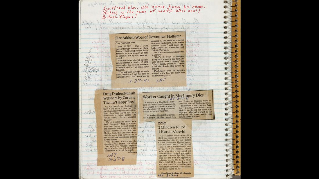 Newspaper clippings were pasted into one of Butler's commonplace books, circa 1990, alongside handwritten notes and a math equation. 