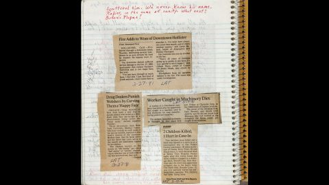 Newspaper clippings were pasted into one of Butler's commonplace books, circa 1990, alongside handwritten notes and a math equation. 