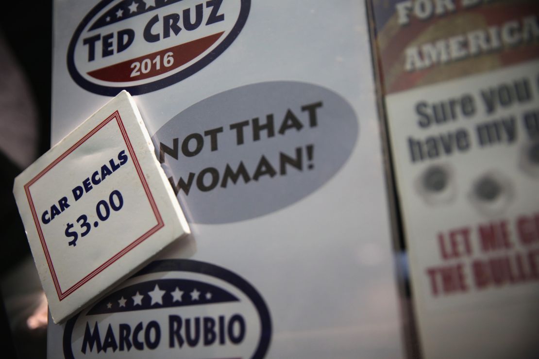 Car decals are for sale at a booth during the 2015 Southern Republican Leadership Conference May 21, 2015 in Oklahoma City, Oklahoma.