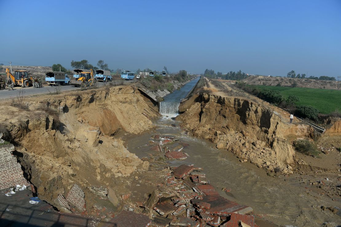 A damaged portion of the Munak canal, which supplies water to New Delhi, near Bindroli village in Haryana's Sonipat district, on February 22, 2016. 