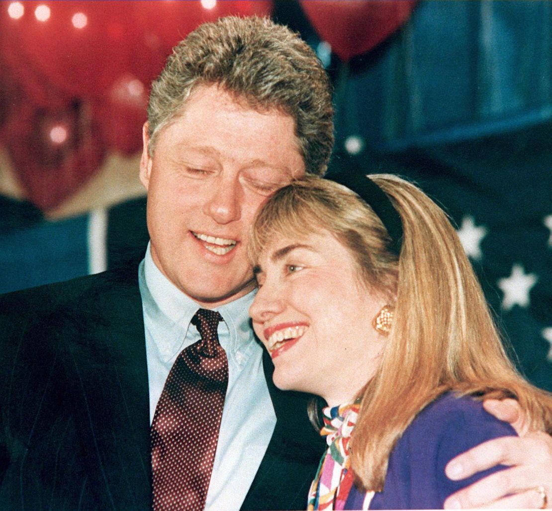 A 1992 photo shows then-Arkansas Gov. Bill Clinton, left, and his wife Hillary, right, embracing.